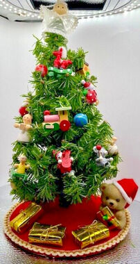 Vintage Smile Tiny Christmas Tree with Ornaments Hand Made 12"x6"